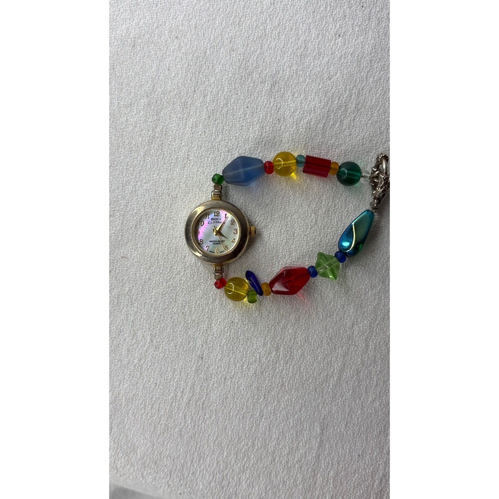 Boca Classics Beaded Bracelet Watch Multi Color Gold Tone Japan Quartz Toggle